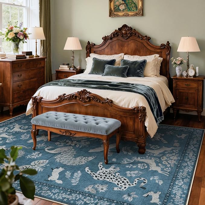Moynesa Animal Area Rugs 8x10, Washable Luxurious Vintage Boho Blue Area Rug for Living Room Bedroom Dining Room Office Playroom, Foldable Low Pile Soft Non-Slip Carpets for Indoor