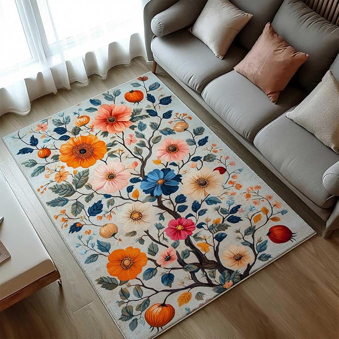 5x8 Colorful Flower Area Rugs, Floral Vintage Large Rugs, Floral Rugs, Botanical Rug, Washable Boho Botanical Non Slip Carpet for Living Room, Bedroom, Kids Room