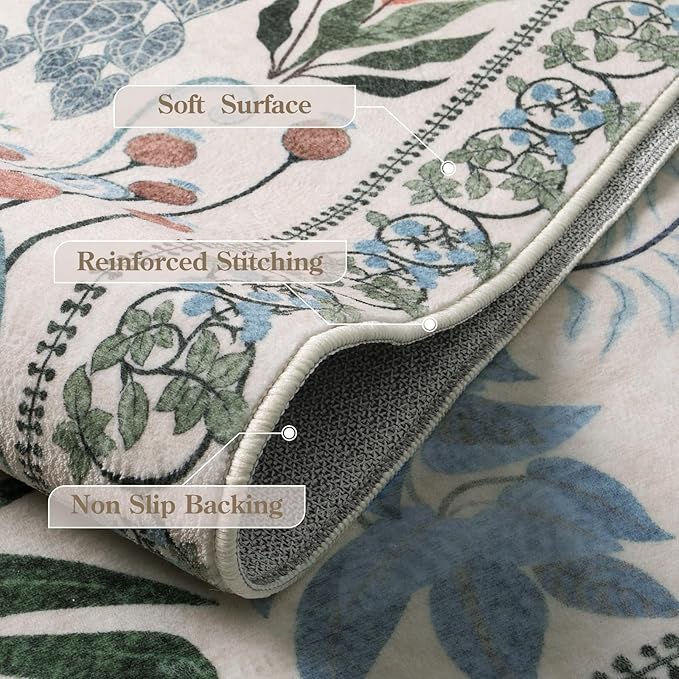 Floral Boho 5x7 Area Rugs for Bedroom Living Room, Botanical Soft Dining Room Rug, Large Non Slip Stain Resistant Indoor Throw Carpet for Entryway Kitchen Office Playroom (Beige,5 x 7)