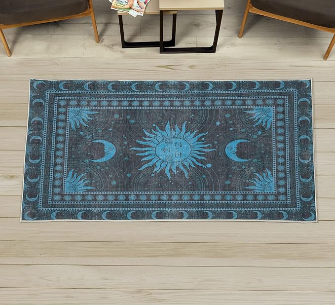 Ambesonne Sun and Moon Decorative Rug, Bohemian Artwork Design of Crescent Solar Ornament Esoteric Stars Ornaments, Quality Carpet for Bedroom Dorm and Living Room, 2' x 5', Sky Blue