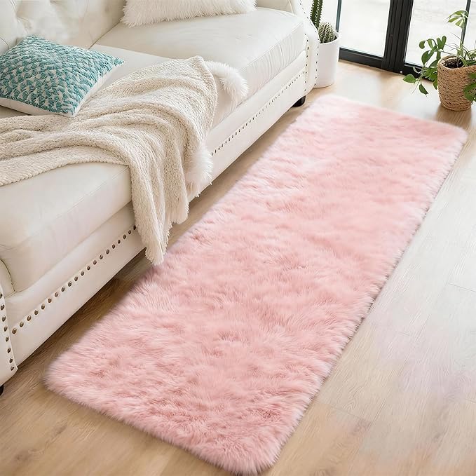 2x6 Solid Fluffy Pink Area Rug – Washable, Durable, Small Bedroom Runner Rug, Non-Slip Shag Rugs for Hallway, Girls Room, Living Room, Bedroom, Bedside, Dorms, Kids Room, Sofa Coffee Table