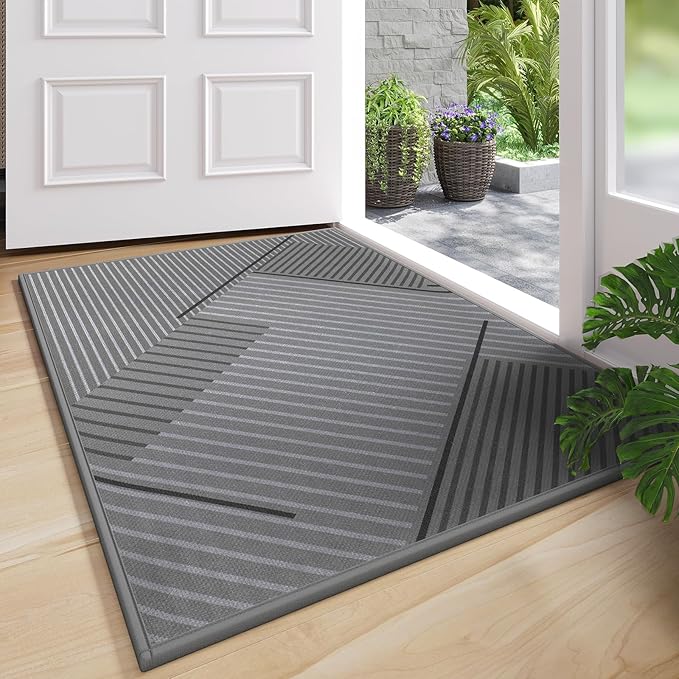 Front Door Mat 24''x35'', Non Slip Absorbent Muddy Dirt Resist Washable Low-Profile Indoor Doormat, Welcome Entryway Door Mats, Grey