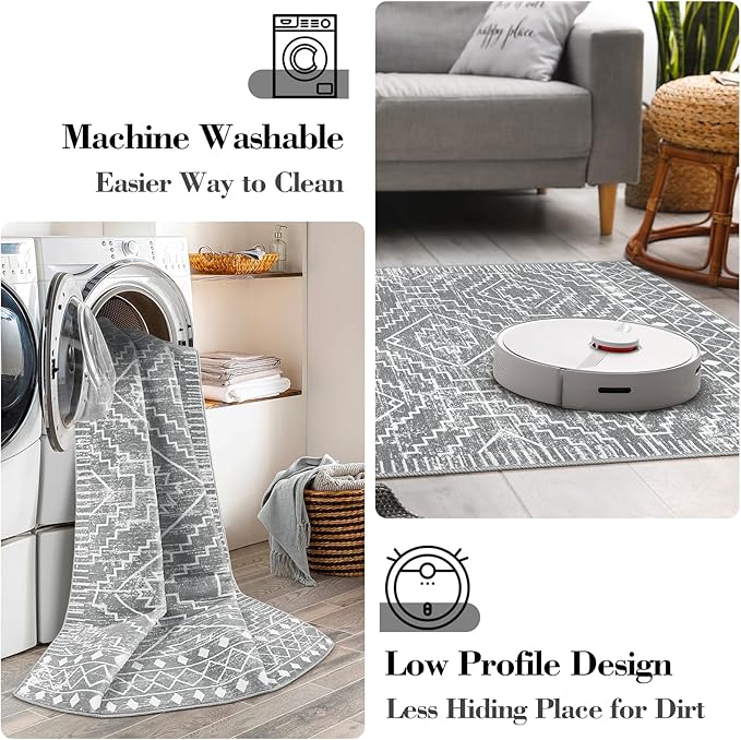 Wonnitar Moroccan 2'6"x8' Washable Kitchen Runner Rug with Rubber Backing, Non-Slip Grey Rug Runner for Hallway, Thin Farmhouse Geometric Carpet Runner for Bedroom Entryway (Silver Grey,2'6"x8')