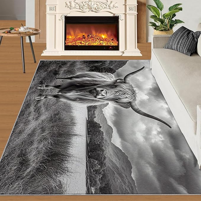 Highland Cattle Rugs for Bedroom - 5x6 Area Rug - Black White Highland Cattle Rugs for Living Room, 3D Natural Landscape Rug, Non-Slip Washable Home Decor Carpet