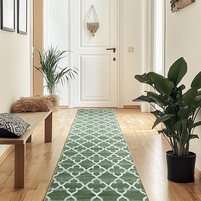 Area Rug 2x6, Moroccan Trellis Print Carpet, Machine Washable Non-Slip Rugs for Living Room, Bedroom, Dining Room & Entryway, Green