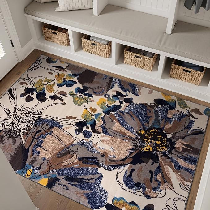 Rugshop Cream Bright Flowers Non Slip Non-Shedding Area Rug for Living Room, Dining Room and Bedroom, 6'6" x 9'