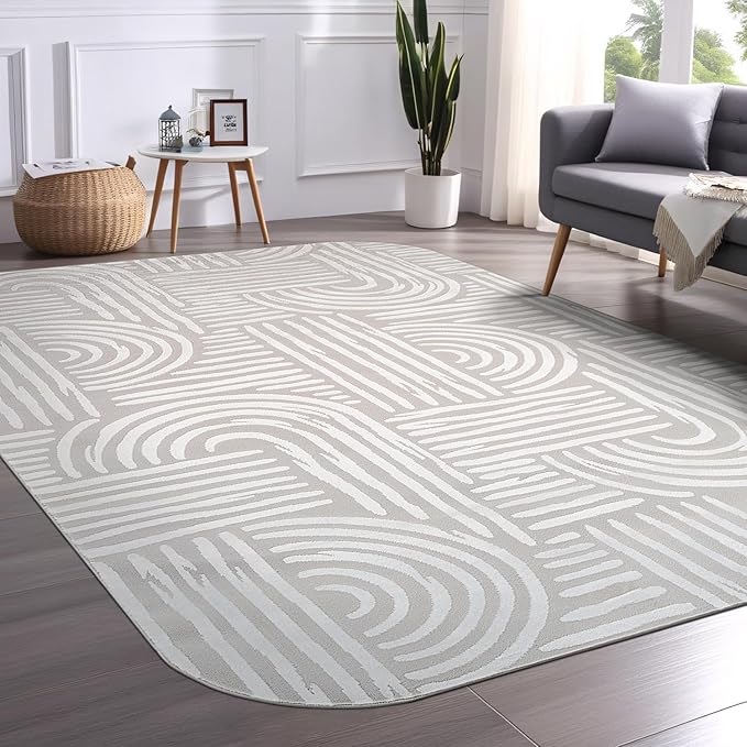 Beverly Rug Modern Geometric Area Rug 4x6 Low-High Pile Durable Soft Abstract Curved Indoor Rugs for Living Dining Room Office Stain Resistant Non Shedding Casual Indoor Carpet Beige White 4 x 6