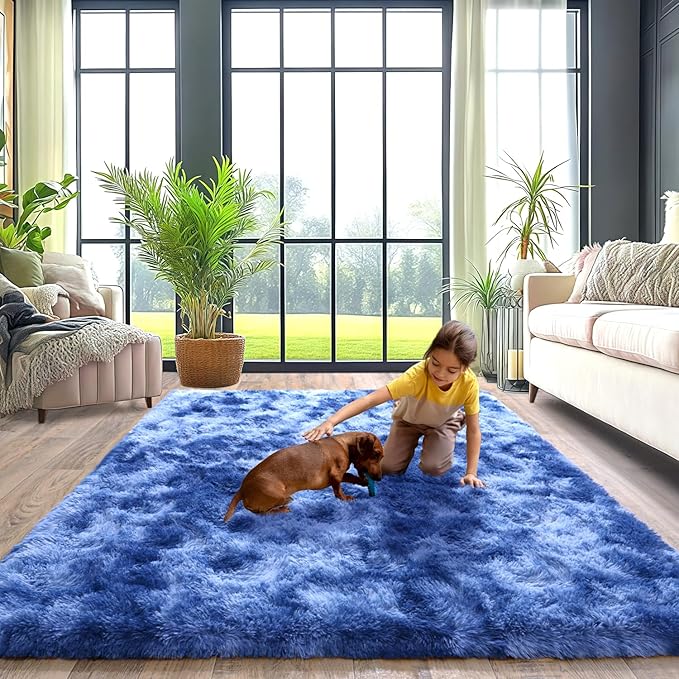 Shaggy Area Rugs for Living Room, Soft Shaggy Carpets for Living Room, Upgrade Anti-Skid Fuzzy Rugs for Kids' Room, Perfect Decor for Modern Home Tie Dye Blue 8x10 Feet