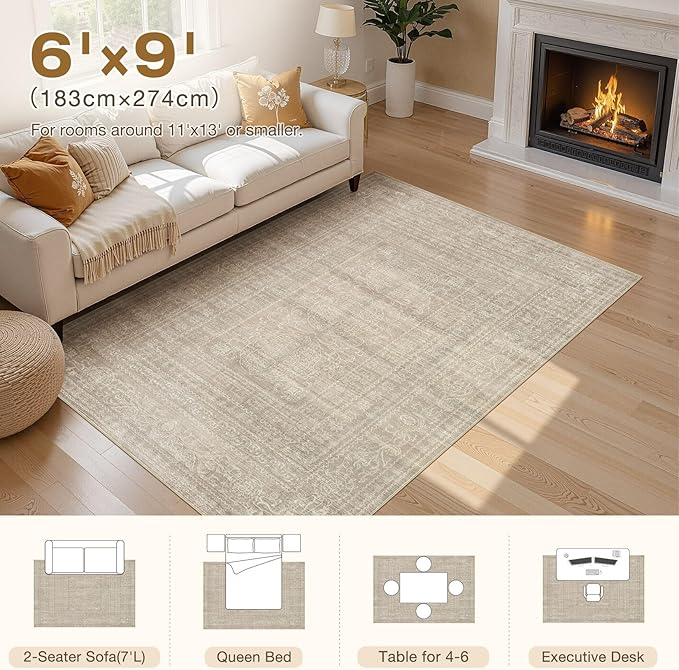 6x9 Area Rugs Living Room: Washable Large Vintage Rug Neutral Non-Slip Soft Stain Resistant Indoor Carpet for Bedroom Nursery Dining Room Under Table Bed Home House Office Playroom - Brown