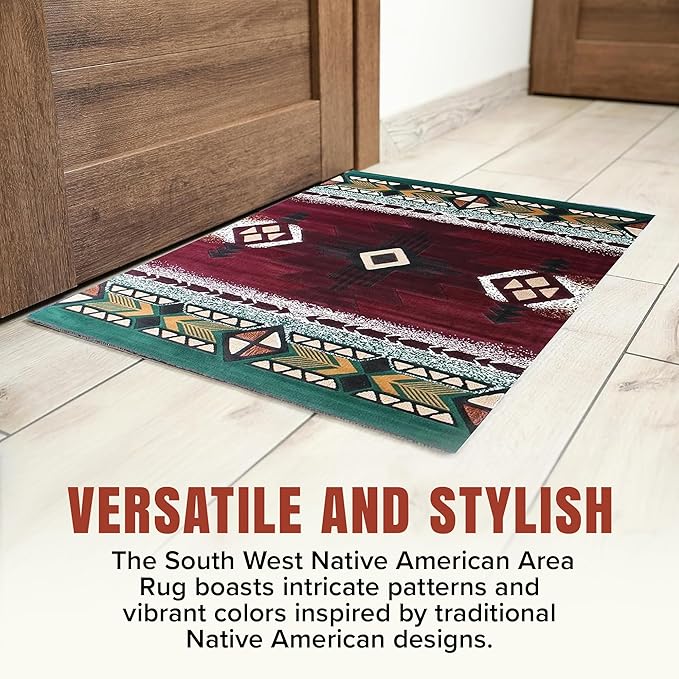 YHSF South West Native American Area Rug C318 - Easy Clean, Thick, Soft, Durable Native Tribal American Indian Inspired Rug for Bedroom/Living Room and More - Burgundy, 3 Feet x 4 Feet 7 Inches