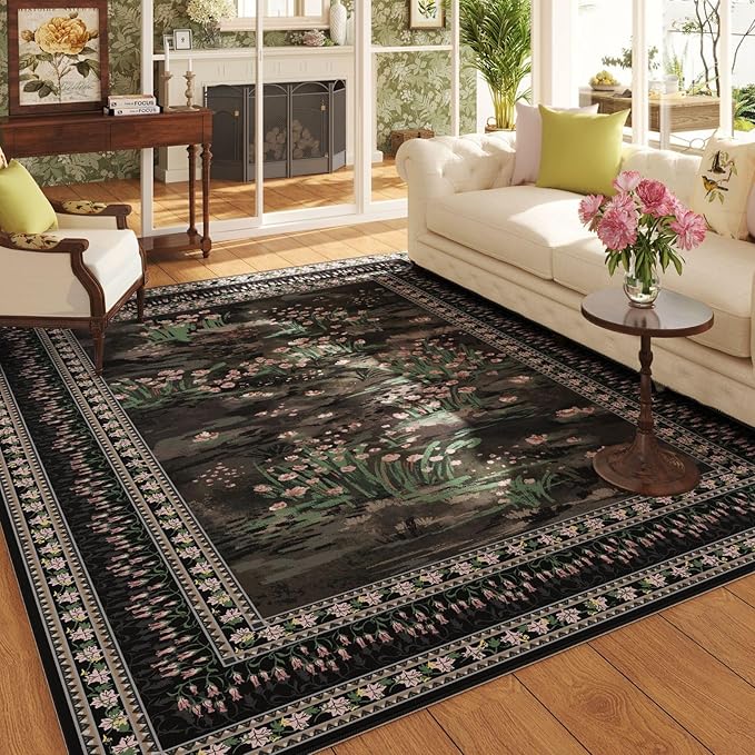 Rugcomf 5x7 Area Rugs Impressionist-Style Vintage Washable Area Rug Non Slip Low Pile Large Rugs for Living Room Bedroom Farmhouse Dining Room Kids Playroom, Black