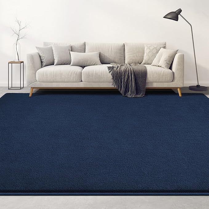 Large Area Rugs for Living Room Bedroom, 7x10 Feet Navy Blue Rug, Minimalist Modern Shag Rug, Soft Thick Memory Foam Indoor Carpet, Non-Slip Washable Rug for Boys Girls Dorm Nursery Room Home Decor