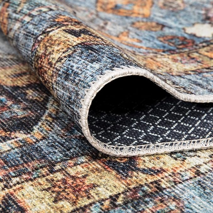 Bloom Rugs Washable Non-Slip 8' x 10' Rug - Blue/Orange Traditional Bordered Area Rug for Living Room, Bedroom, Dining Room, and Kitchen - Exact Size: 8' x 10'