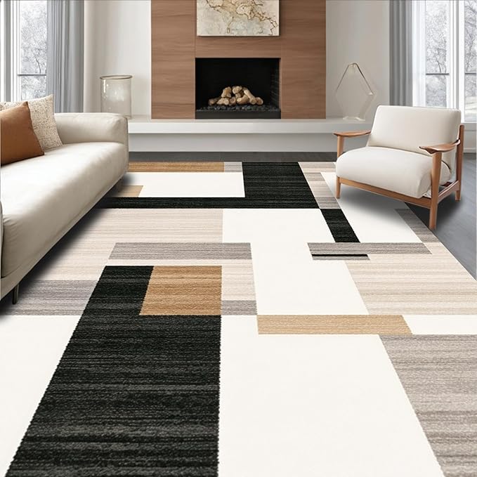 Flatwoven High Traffic Area Rug 5x7, Dark Beige Geometry and Dirt Trapper Design, Non Slip, Stain Resistant, Washable Area Rugs for Living Room, Bedroom (Beige, 5x7)