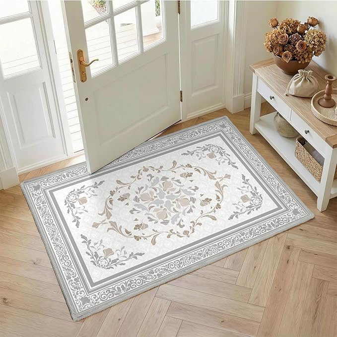 SOULFUL Medium Pile 3x5 Area Rug - Cozy Soft Underfoot Small Entryway Rug - Light Taupe Boho Floral - Washable Non-Slip - Perfect for Living Room Bedroom Foot Kids Room Reading Nook