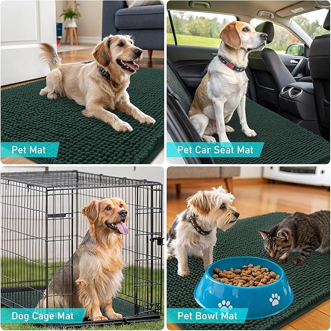 OLANLY Dog Door Mat for Muddy Paws 70x35, Absorbs Moisture and Dirt, Absorbent Non-Slip Washable Doormat, Quick Dry Chenille Mud Mat, Entry Indoor Entryway Carpet for Inside Floor, Blackish Green