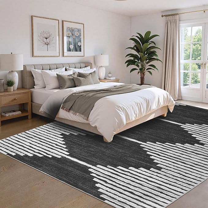 HelloTree Area Rug for Living Room 9x12 Washable Geometric Moroccan Rug Stripe Farmhouse Bohemian Minimalistic Non Slip Non Shedding Ultra Thin Soft Rug for Bedroom Office DiningRoom Nursery-Black