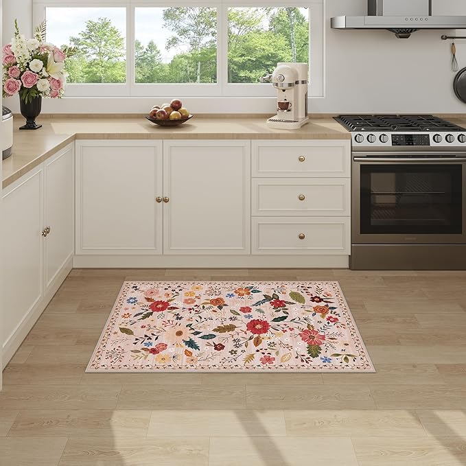 2x3 Washable Rug for Entryway, Floral Soft Small Area Rug, Non Slip Doormat Indoor Entrance Carpet, Flower Low Pile Front Door Throw Rug for Bedroom, Kitchen, Laundry, Bathroom, Pink/Beige