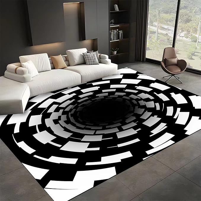 3D Illusion Swirl Area Rugs, 3x5ft, Modern Abstract Grid Black Hole Living Room Carpet, Geometric Black White Check Washable Carpets, Ultra Soft Cozy Shed Resistant Mat for Indoor