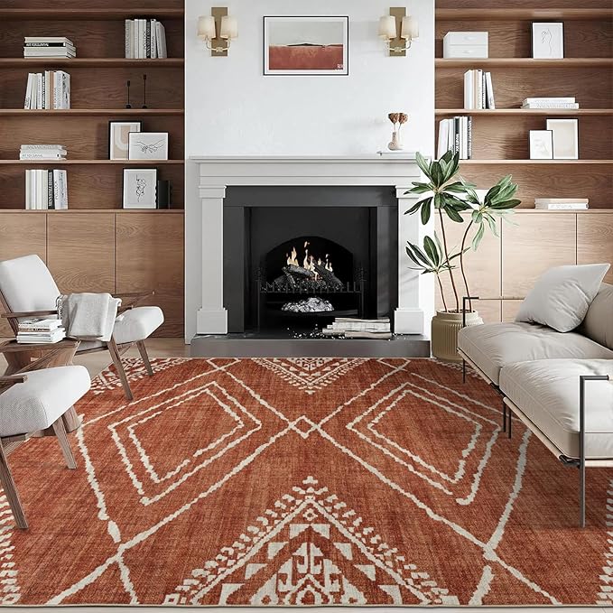 ReaLife Rugs Machine Washable Area Rug - Living Room Bedroom Bathroom Kitchen Entryway Office - Padded Low Pile Stain Resistant Premium - Moroccan Diamond Tribal - Jax - Orange 5' x 7'