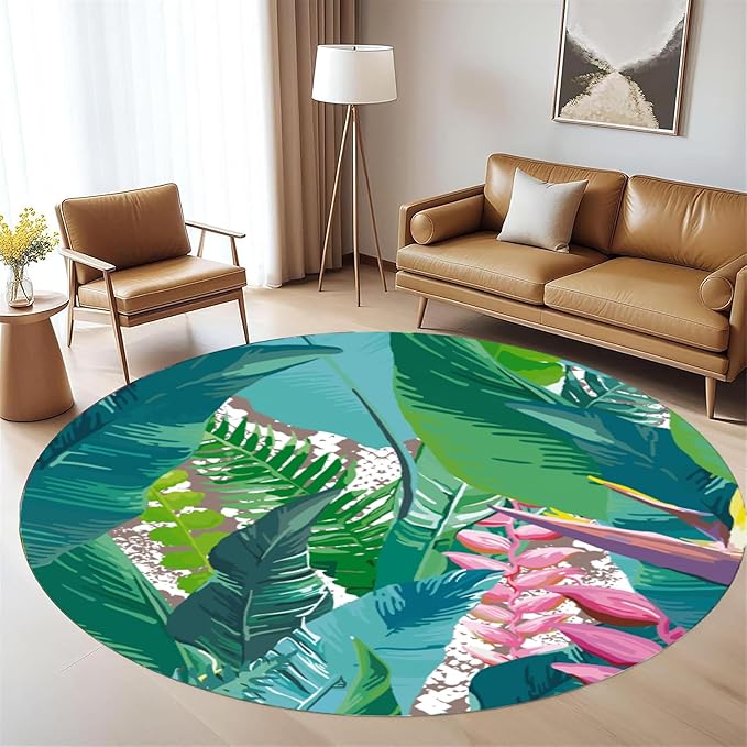 Tropical Leaves Round Rug 6ft - Machine Washable Non-Slip Circular Floor Mat, Short Pile Soft Rug for Living Room, Bedroom, Nursery in Green & Pink Botanical Design