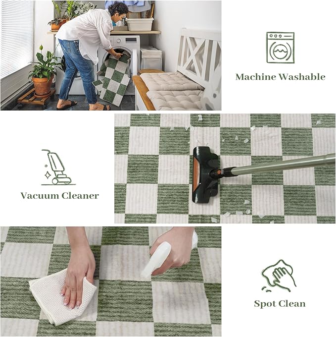 LIVEBOX 8x10 Area Rugs for Living Room, Checkered Non-Slip Washable Rugs, Farmhouse Neutral Classic Geometric Large Boys Area Rug for Bedroom, Carpet for Living Dining Room Office(Sage Green,8'x10')
