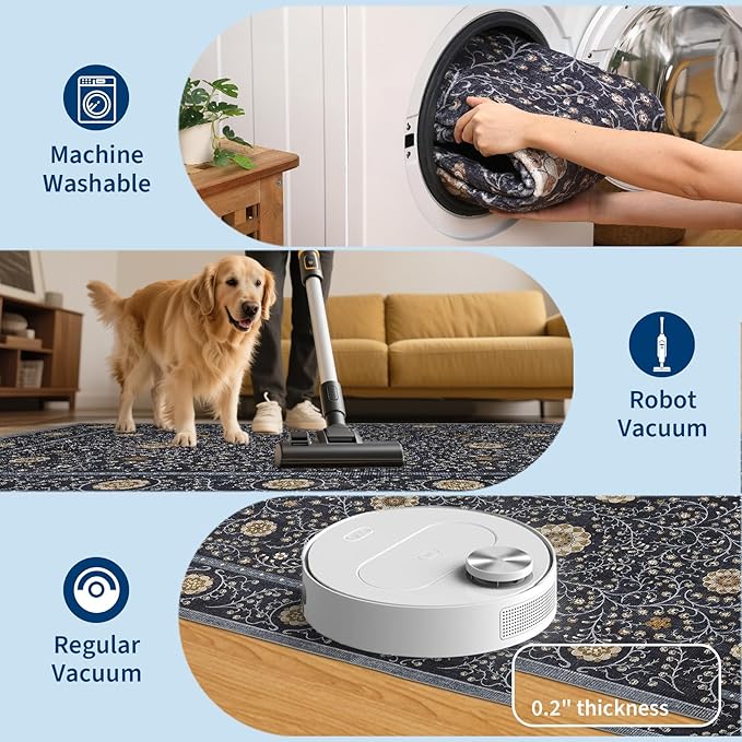 GarveeHome Boho 2x6 Runner Rug for Hallways Non Slip, Vintage Botanical Kitchen Rugs Washable Area Rug for Entryway Stain Resistant, Low Pile Soft Runner Blue Carpet for Bedroom Floor Laundry Room