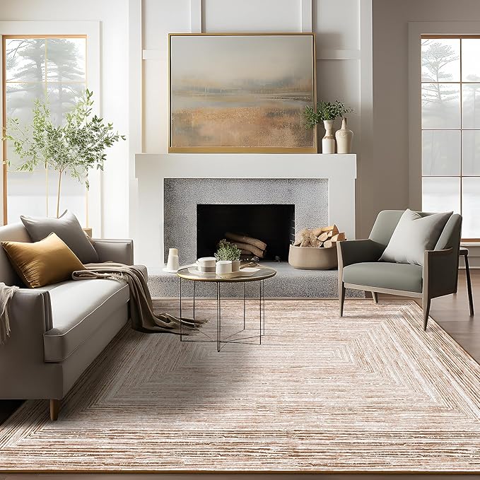 Phantoscope Washable Area Rug 5'x7' Non-Slip, Modern Neutral Boho Rugs for Living Room, Bedroom, Dining Room, Distressed Geometric Rectangle Pattern, Low-Pile Foldable Floor Carpet, Neutral Beige/Rust