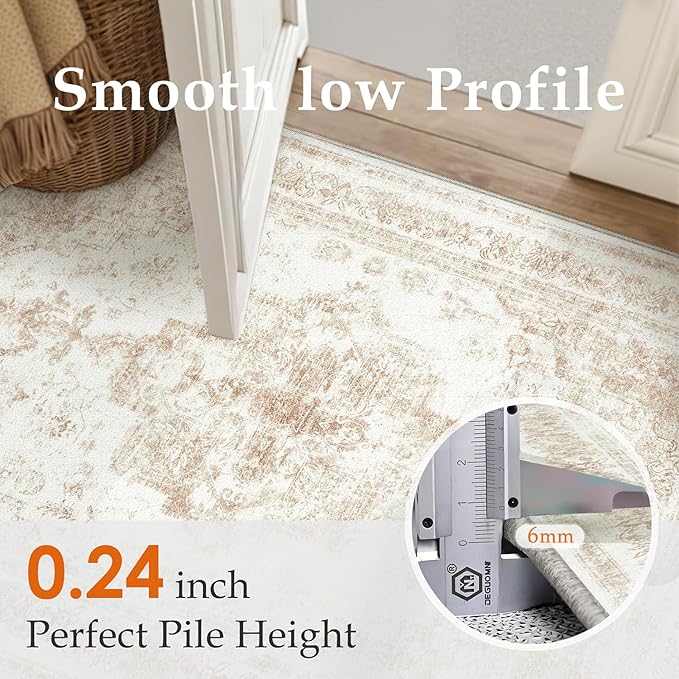 Area Rug 6x9 Cream Washable Living Room Beige Carpet Non Slip Vintage Medallion Indoor Bedroom Beige Carpet Low Pile Soft Retro Distressed Large Rug Home Office Dining Room Playroom