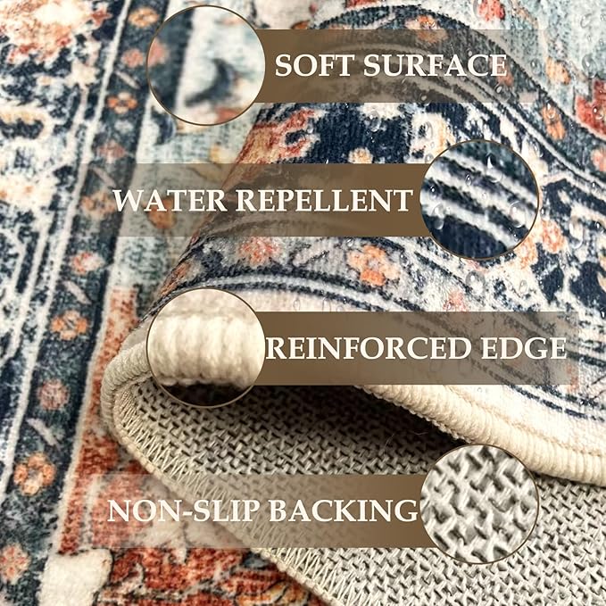 Area Rugs 2'x6' Washable Non-Slip, Floral Vintage Distress Print Pattern Medallion Carpet for Living Room Bedroom Dining Room, Beige Navy Blue Orange Colorful