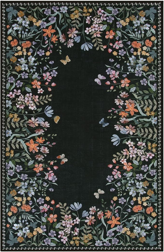 Wonnitar Washable 4x6 Rug, Black Floral Print Area Rugs for Living Room, Non-Slip Soft Rug for Bedroom, Vintage Low Pile Dining Room, Botanical Carpet for Bedside Mud Room (Black,4'x6')