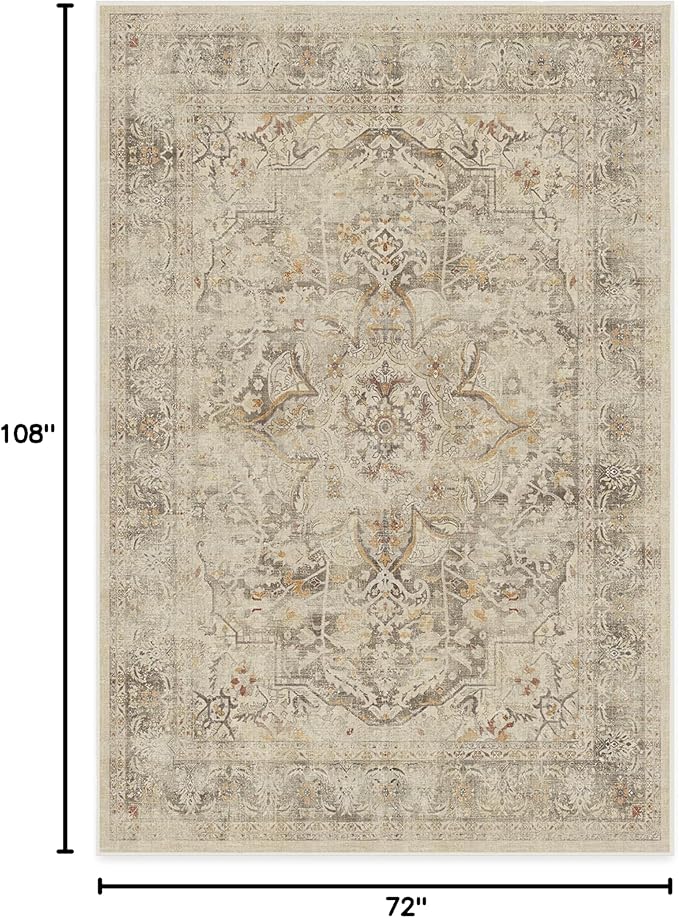 RUGGABLE Washable Vintage Area Rug – Sarrah Hazel 6x9, Stain-Resistant, Non-Slip – Medium Machine Washable Rugs for Living Room, Bedroom, Hallway, Entryway & Office–with Standard Pad