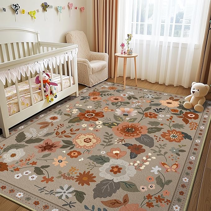 Floral 3x5 Area Rug Machine Washable Soft Print Boho Carpet Non Slip Doormat Low Pile Flower Area Rugs for Living Room Bedroom Nursery Kitchen Dining Room Indoor-Brown/Brick