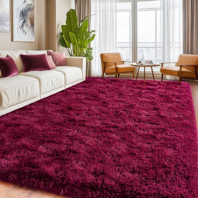 Burgundy Plush Rug for Living Room Fuzzy Carpet for Bedroom Dorm, Non-Slip High Pile Rug, Shag Rug for Playroom Nursery Home Office Decor 6X9 Ft