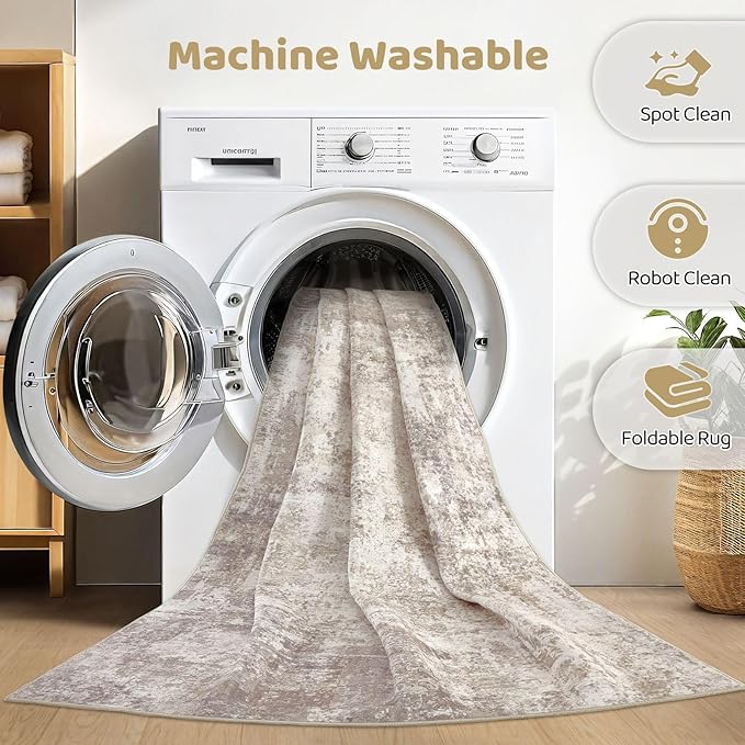 7x10 Area Rug Living Room: Washable Large Abstract Soft Rugs Stain Resistant Indoor Floor Non-Slip Accent Carpet for Women Modern Home Enthusiasts Aged- Bedroom Nursery Playroom- Beige Brown
