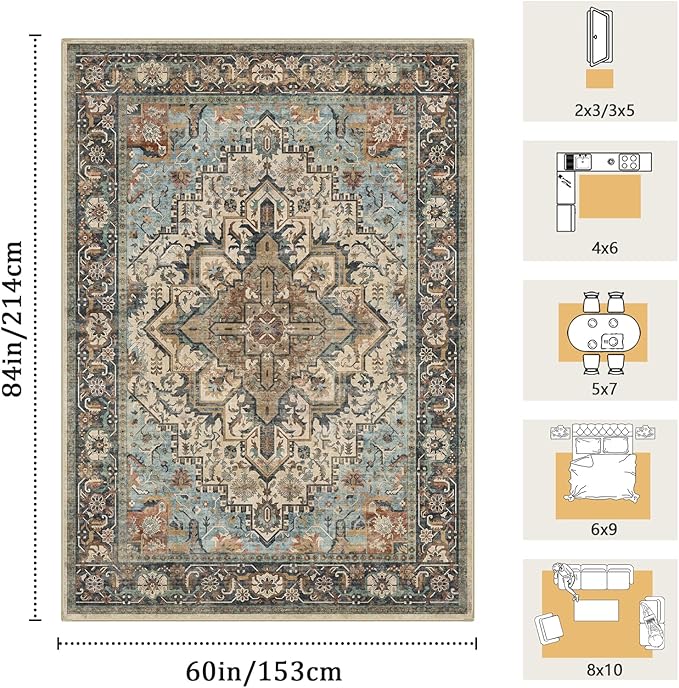 5x7 Machine Washable Area Rug for Living Room, Blue Beige Boho Vintage Floral Rug Large Non-Slip Low Pile Soft Faux Wool Carpet, Kids and Pets Friendly for Bedroom Dining Room Farmhouse Decor Rug