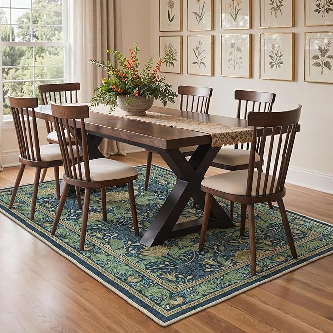 Bavni 6x9 Area Rugs, Floral Machine Washable Rugs for Living Room, Dinning Room, Bedroom, Non Slip Aesthetic Vintage Low Pile Durable Lightweight Farmhouse Rug, Tea Green/Blue