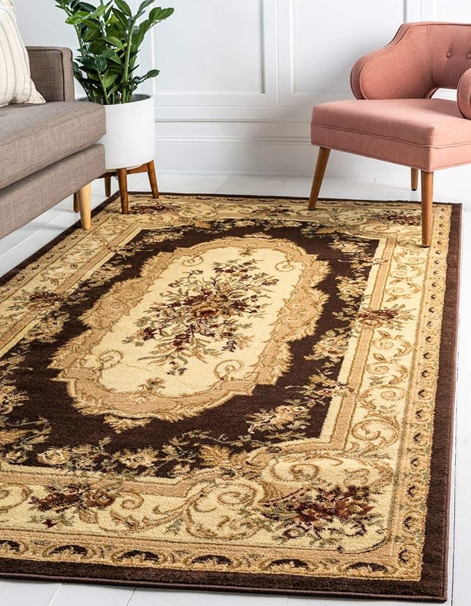 Unique Loom Versailles Collection Traditional Classic Floral Motif Area Rug (7' 0 x 10' 0 Rectangular, Brown/ Ivory)