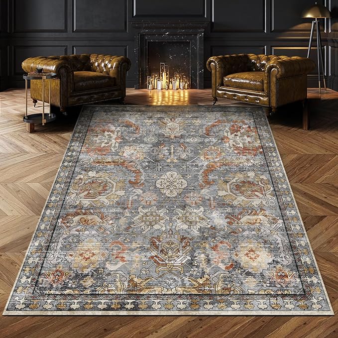 RUGSURE Washable Area Rugs - Perfect for Living Room, Bedroom, Kids Room, Nursery - Stain & Water Resistant Non-Slip, Pet & Child Friendly, Vintage Tribal Area Rugs (Turmeric and Grey, 3' x 5 ')