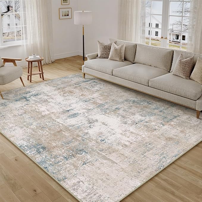 6x9 Washable Area Rug Beige Blue Abstract Living Room Bedroom Throw Rug Neutral Modern Non Slip Soft Low Pile Indoor Carpet for Dining Room Kitchen Office