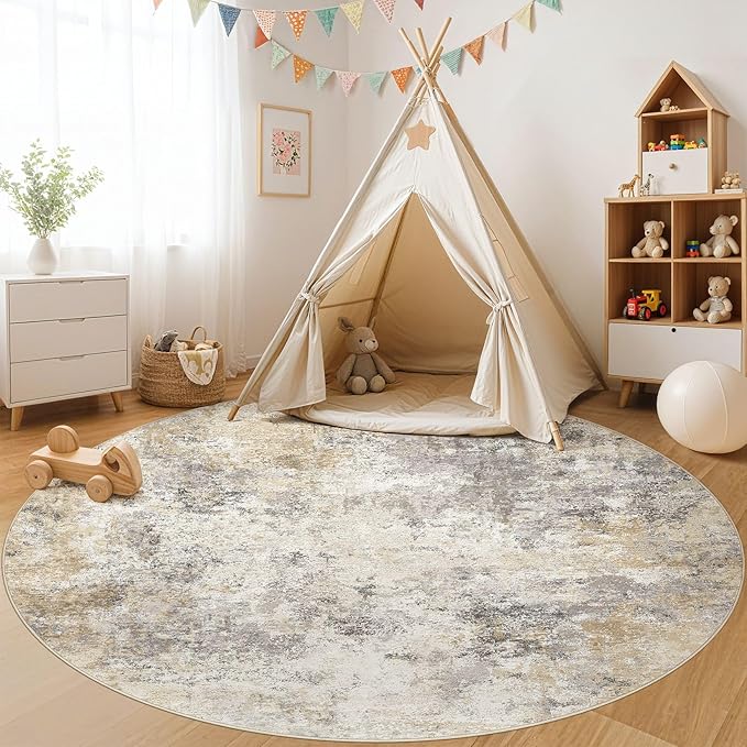 8ft Round Area Rug Living Room Rugs - 8x8 Washable Neutral Modern Abstract Soft Thin Rug Indoor Floor No Slip Rug Carpet for Bedroom Under Dining Table Home Office Decor - Golden Grey