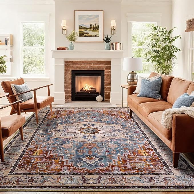 8x10 Large Area Rugs for Living Room, Washable Vintage Rugs-Low Pile Carpet, Non-Slip Soft Distressed Printed Patterns Rugs for Bedroom, Dining Room, Rust Brown