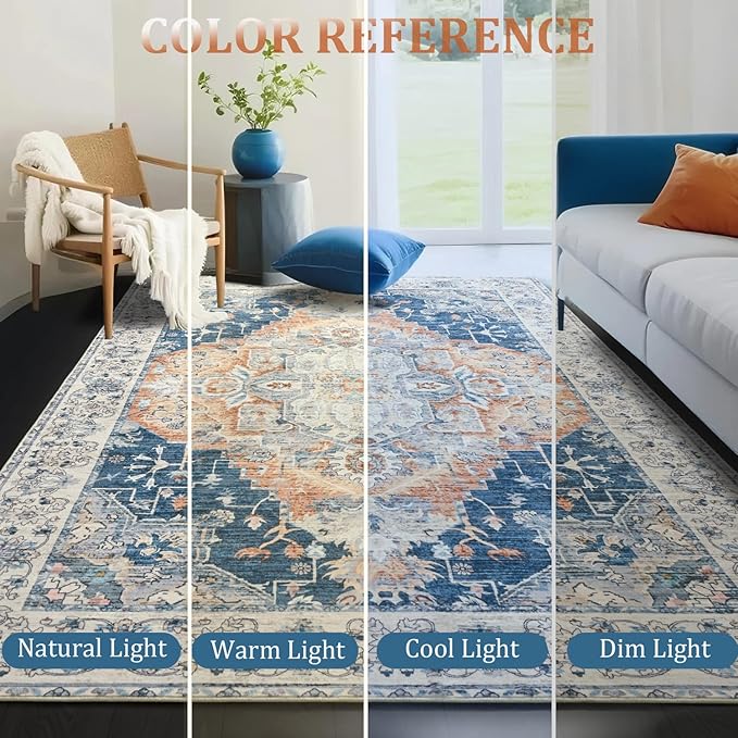 Large Area Rugs 8x10, Low Pile Washable Rugs, Soft Vintage Distressed Rugs for Living Room Bedroom, Office, Dining Room, Water Repellent & Non Shedding, Blue and Orange