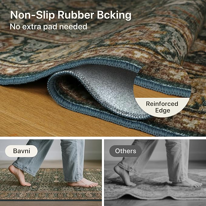 Bavni Area Rugs for Living Room, 5x7 Area Rugs Non-Slip Washable，Ultra-Thin Aesthetic Boho Rug for Bedroom Dinning Room Office, Dark Green/Multi