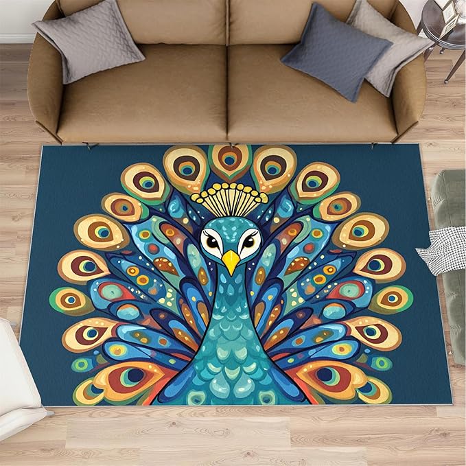 Boho Peacock Rugs for Living Room - 3x4 Rug, Peacock Decor Area Rugs for Bedroom, Teal Turquoise Rug, Modern Style Washable Carpet, Aesthetics Carpet - Peafowl Home Decor & Gifts