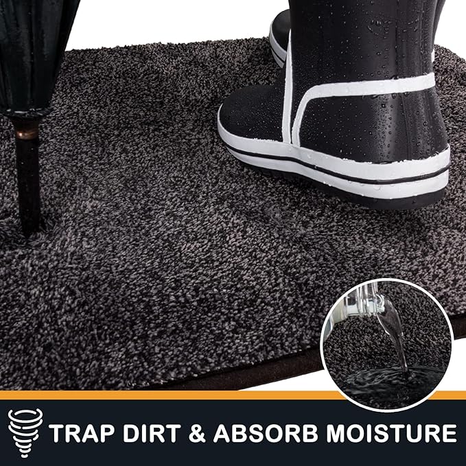 PURRUGS Dirt Trapping Door Mat 31.5" x 47", Non-Slip Machine Washable Entry Rug, Shoe Scraper, Dog Doormat, Super Absorbent Welcome Mat for Front & Back Door, Muddy Shoes & Paws, Charcoal