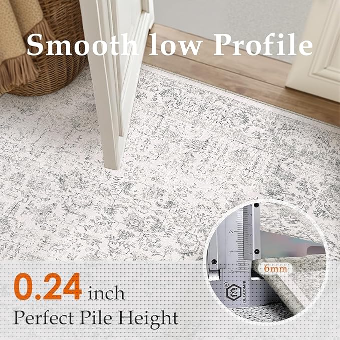 Gray Area Rug 7x9 Machine Washable Vintage Living Room Distressed Non Slip Carpet Traditional Indoor Bedroom Grey Retro Floral Accent Throw Large Rug for Office Kitchen Dining Room
