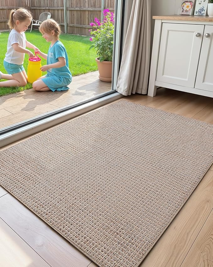Color&Geometry Front Door Mat Indoor Non Slip Rubber Backing, 17"x30" Ultra Thin Entryway Doormat, Soft Absorbent Inside Doormat Washable Easy Clean Rugs for Entryway, Beige (Rolled-up NO Creases)