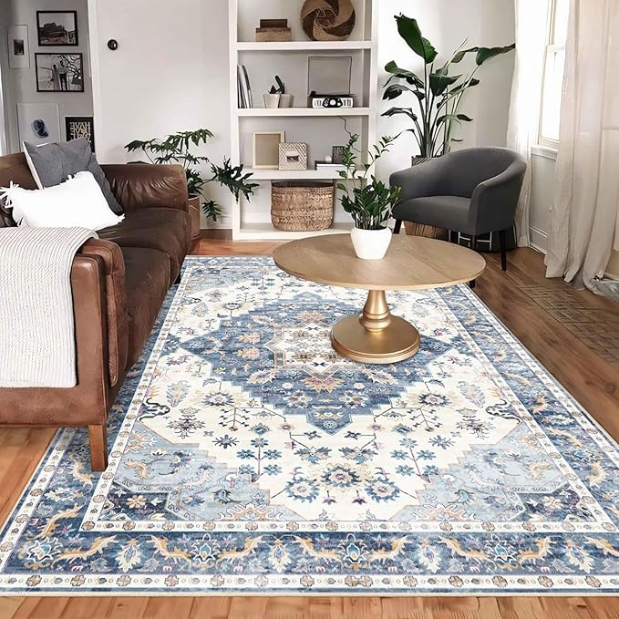 Enkor Area Soft Rugs 5x7 Washable Non Slip Boho Floor Rugs for Living Room Bedroom, Vintage Style Farmhouse Mat for Kitchen Entryway Blue & White