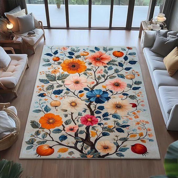 7x10 Colorful Flower Area Rugs, Floral Vintage Large Rugs, Floral Rugs, Botanical Rug, Washable Boho Botanical Non Slip Carpet for Living Room, Bedroom, Kids Room